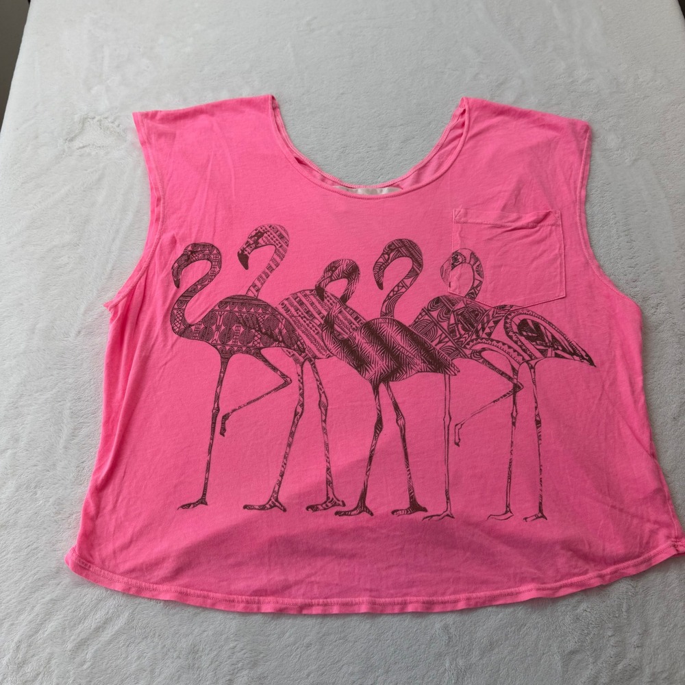 Public Library Flamingo Graphic Tank Top Women M Pink Good Sleeveles Crop Pocket